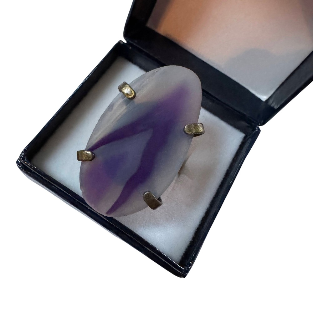 Vintage Purple Banded Oval Agate Statement Ring Adjustable Brass Tone‎ Boho